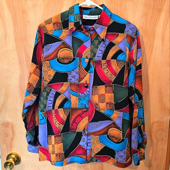 Quirky Colorful Printed Button Down Longsleeve Shirt Women's 6 - Picture 2 of 8